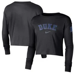 Nike Women's Black Duke Blue Devils 2-Hit Cropped Long Sleeve Logo T-Shirt